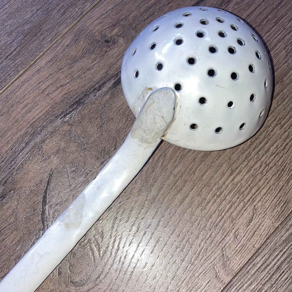 Vintage Soup Ladle White Enamel Rustic Metal Strainer with Long Handle Antique